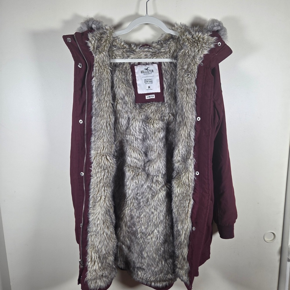Hollister Parka Jacket Womens M Burgundy Faux Fur Hood Heritage Stretch Utility - Picture 13 of 16